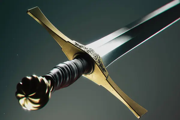 Nádherně Vyrobený Středověký Meč Lesklou Čepelí Vyřezávanou Koženou Rukojetí Připravený — Stock fotografie
