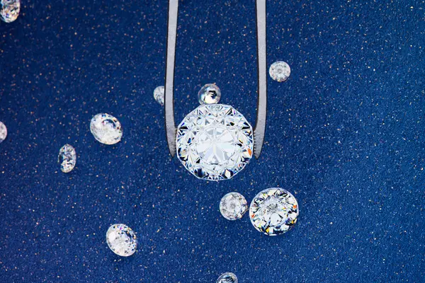 Many Diamonds Blue Velvet Fabric One Biggest Diamond Being Picked — Stock Photo, Image