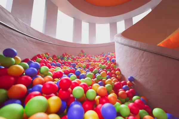 Innombrables Boules Vibrantes Tombent Dans Grand Escalier Spirale Dans Affichage — Photo