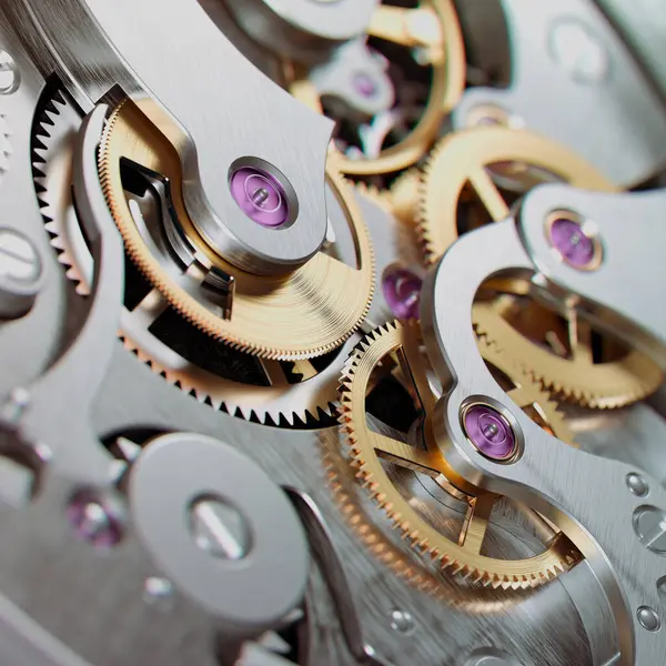 Extreme closeup of a luxury swiss watch with a detailed working mechanism. Golden cogwheels rotating in a stepwise manner showing intricate, elegant, expensive jewellery design.