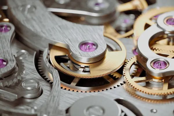 Extreme Closeup Luxury Swiss Watch Detailed Working Mechanism Golden Cogwheels — Stock Photo, Image