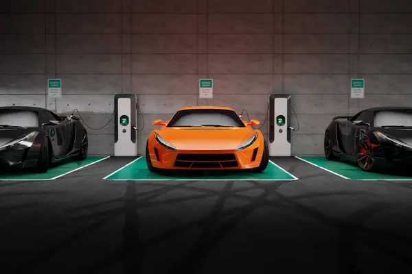 Electric cars connected to a charging station on a parking lot. In the center, there is an orange sports supercar.  This image represents the use of renewable energy and eco-friendly transportation.