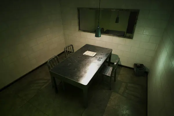 金属テーブル 半透明ミラー ファイルケース付きのインタビュールーム 容疑者の尋問と彼または彼女の感情を観察するのに最適な場所 — ストック写真
