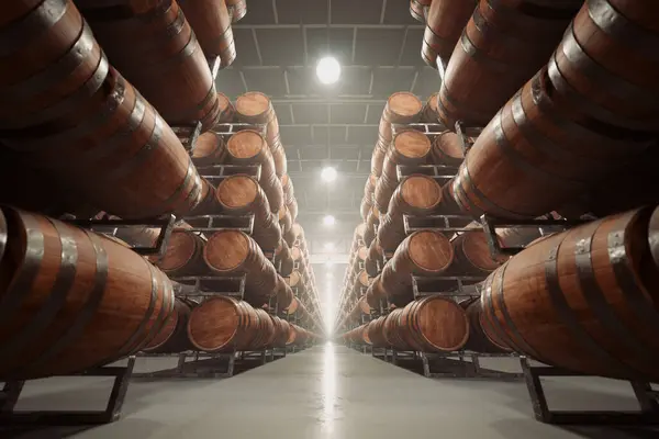 Rendering Cellar Filled Wooden Oak Barrels Used Aging Alcohol Wine — Stock Photo, Image