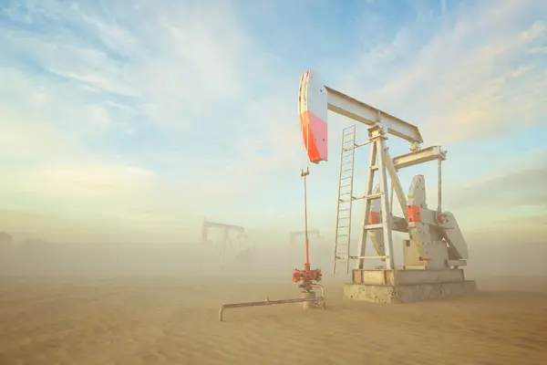 一个工作中的油泵 从地壳深处提取丰富的宝贵石油储备 技术和机械与地球的自然资源和谐共存 石油生产 — 图库照片