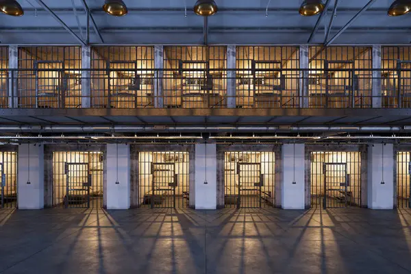 Een Gevangenisgang Met Twee Verdiepingen Rijen Cellen Hal Van Moderne — Stockfoto