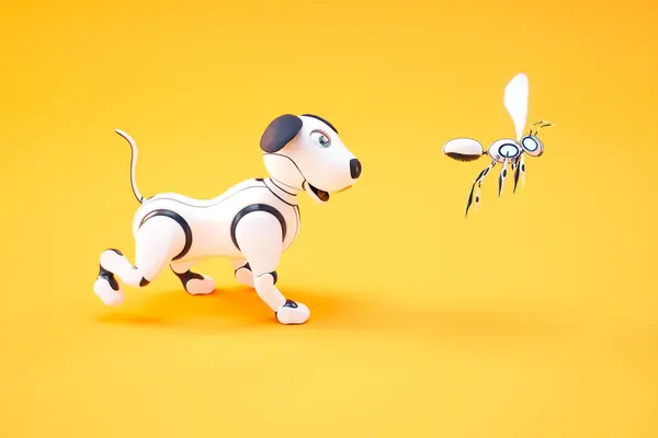 Cartoon rendering with cheerful robot puppy.  A little dog is running chasing robot bee.  Close up of cute small pet. The digitalized version of the human best friend. Colorful CGI render