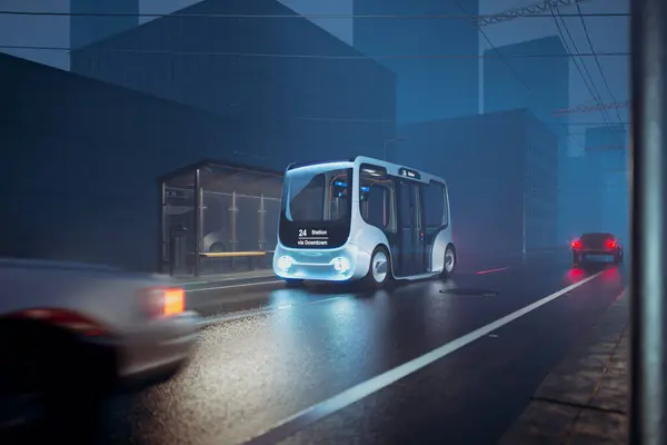 Autonom Elektrisk Smart Buss Busstationen Staden Moderns Minibuss Stannar Vid Royaltyfria Stockbilder
