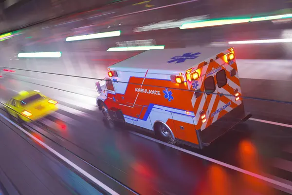 Sinyaldeki Ambulansın Animasyonu Şehirden Geçiyor Gece Sokağında Hızlı Bir Acil Telifsiz Stok Fotoğraflar