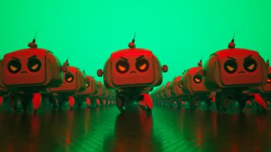 Kırmızı ışıklı yeşil bir ortamda kızgın kırmızı gözlü ve yüzlü şirin robotlardan oluşan bir ordunun 3 boyutlu görüntüsü. Robotlar açıkça üzgün ve saldırmaya hazır..