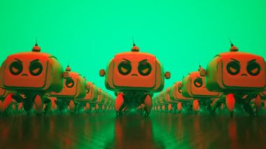 Kırmızı ışıklı yeşil bir ortamda kızgın kırmızı gözlü ve yüzlü şirin robotlardan oluşan bir ordunun 3 boyutlu görüntüsü. Robotlar açıkça üzgün ve saldırmaya hazır..