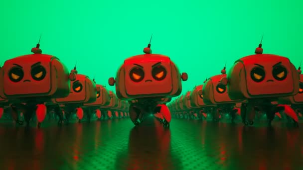 Рендеринг Армії Милих Маленьких Роботів Розлюченими Червоними Очима Обличчями Зеленому — стокове відео