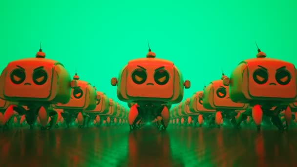 赤い目をしたかわいい小さなロボットの軍隊の3Dレンダリングと赤い照明で緑の環境で顔 ロボットは明らかに動揺し 攻撃する準備ができています — ストック動画