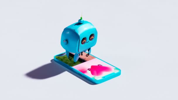Piccolo Robot Scorre Varie Immagini Uno Smartphone Fino Incontrare Altro — Video Stock