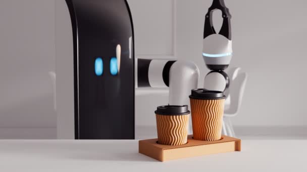 Renderowanie Poręcznego Robota Kamerdynera Próbuje Podnieść Papierowy Kubek Kawy Ale — Wideo stockowe