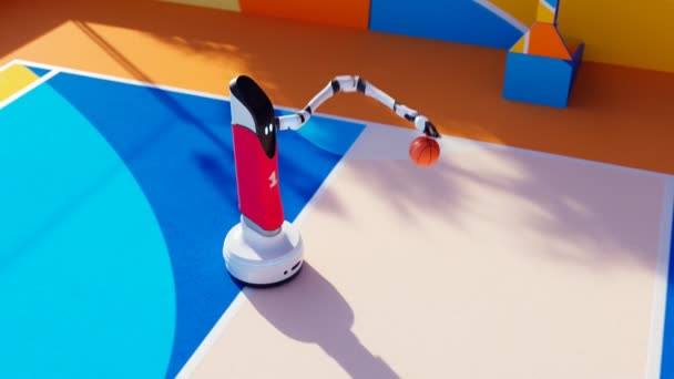Animation Ενός Εύχρηστου Ρομπότ Μπάτλερ Που Παίζει Μπάσκετ Ένα Πολύχρωμο — Αρχείο Βίντεο