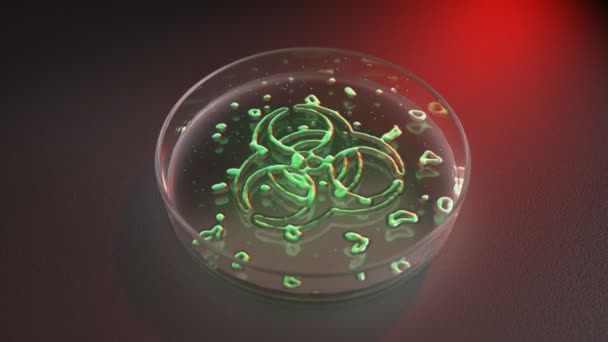 一个充满活力的绿色荧光微生物迅速生长在培养皿上 形成了一个醒目的生物危害符号 生物危险物质的危险 — 图库视频影像