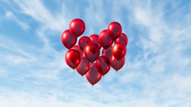 Röda Ballonger Rör Sig Upp Mot Himlen Och Bildar Formen — Stockvideo