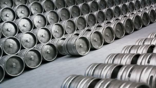 Beer Kegs Effortlessly Rolling Vast Well Organized Storage Facility Camera — Stock Video
