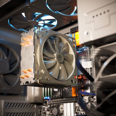 Bir bilgisayar çantasının içindeki anakart görüntüsünü yakınlaştır. Radyatörlerde çalışan, ana karta bağlı donanım bilgisayar parçalarını soğutan. Dönen vantilatörü yakınlaştır. GPU, CPU, RAM, SSD, Power Supply