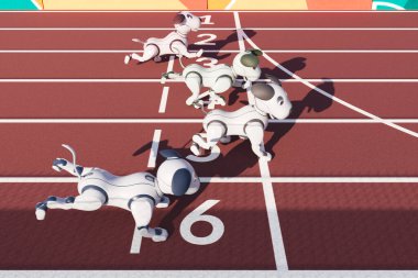Teknoloji ve atletizmin enerjik bir gösterisi. Animasyon robotik köpekler profesyonel bir atletizm pistinde, gelecekteki spor eğilimlerini yansıtan yüksek hızlı bir yarışta rekabet ediyorlar..