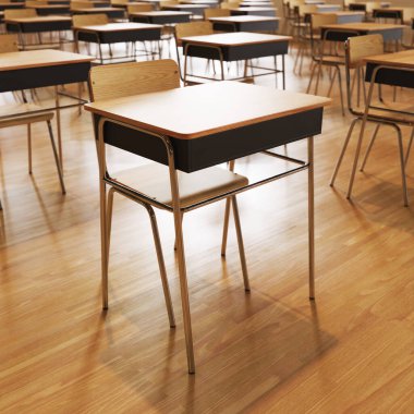 Geniş bir sınıf içi, doğal ışıkla yıkanmış, sıralar halinde sıralanmış ahşap masalar ve sandalyeler cilalı zeminde, öğrenmeye hazır..