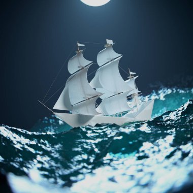 Karanlık ve çalkantılı bir dolunayın altında yüzen, azim ve macera ruhunu simgeleyen el yapımı kağıt bir teknenin yaratıcı bir görüntüsü..