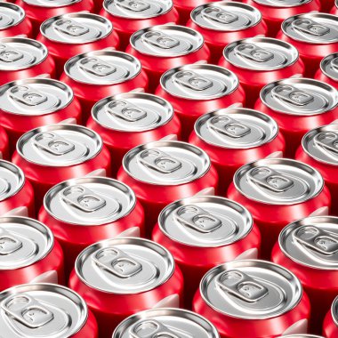 Yüksek çözünürlüklü bir görüntüde tüketim, seri üretim ve geri dönüşüm girişimlerini tasvir eden kırmızı alüminyum soda kutularının görsel olarak çarpıcı, sonsuz deseni..