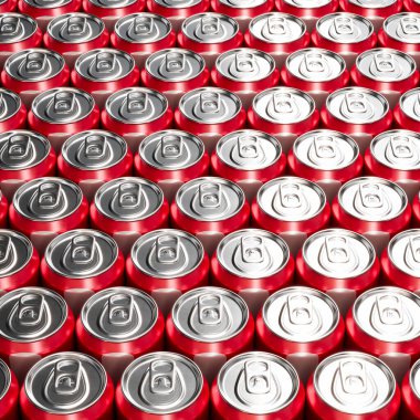 Kırmızı soda kutularının düzenli bir şekilde düzenlenmesinin genel bir görüntüsü, parlak üstleri ve sekmelerinin oluşturduğu görsel olarak çarpıcı bir desen sunuyor..