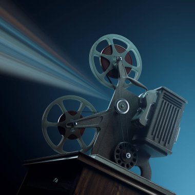 Bir retro film projektörünün canlandırıcı bir sahnesi loş aydınlatılmış bir odada ışığını yansıtarak, ilk sinemanın zamansız cazibesini ve tarihini ışınla canlandırıyor..