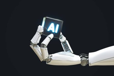 Görsel olarak büyüleyici ve konsept odaklı bir fotoğraf robotik bir kolu güvenli bir şekilde gösteren, makine zekasının ve teknolojisinin ileri marşını sembolize eden parlak bir yapay zeka levhası.
