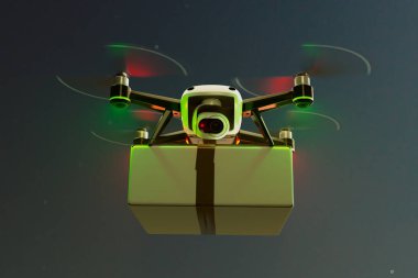 Gelişmiş otonom bir dron gece gökyüzünde süzülerek seyrüsefer ışıklarıyla aydınlatılan, gelecekteki lojistik ve hava teknolojisini gösteren bir paketi teslim eder..