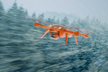 Gelişmiş teknolojinin dinamik bir gösterisinde, yüksek hızlı insansız hava aracı karlı bir orman tepe örtüsünün üzerinde acil bir görev için öne çıkan tıbbi haç sineklerini sunuyor..