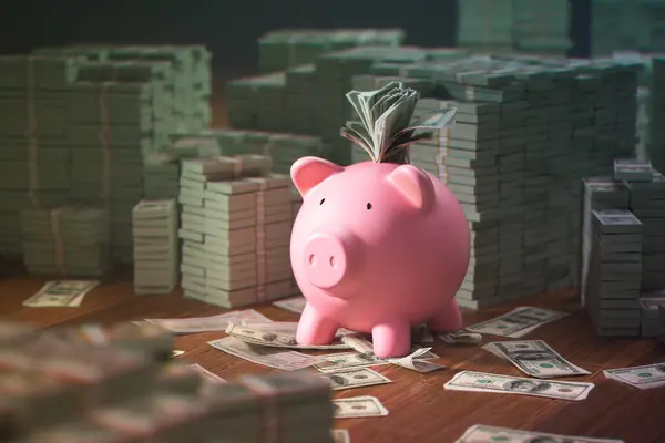 Cute pink porcelain piggy bank stuffed with huge amounts of money. Rich obese pig surrounded by piles of dollar bills. Symbol of saving money through financial planning and budgeting. Frugality