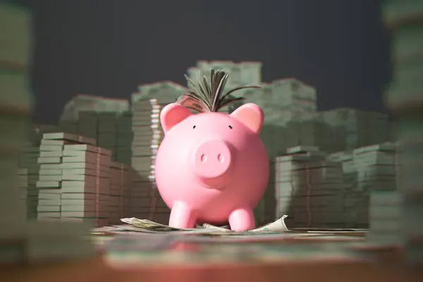 Cute pink porcelain piggy bank stuffed with huge amounts of money. Rich obese pig surrounded by piles of dollar bills. Symbol of saving money through financial planning and budgeting. Frugality