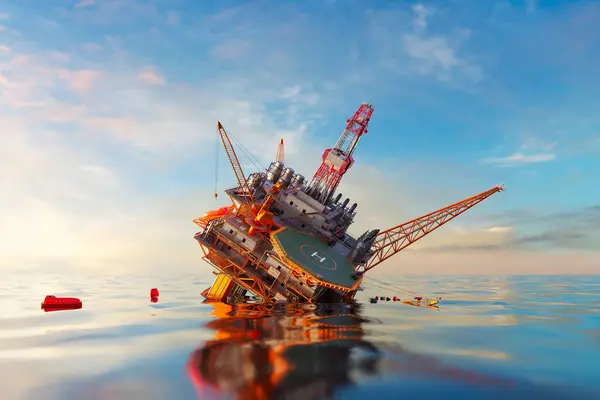Aerial view of Oil Rig accident. Collapsed sinking offshore platform. Dangerous spill, sea or ocean environment pollution. Lifeboats waiting for rescue. Petroleum refinery industry business. Blue sky