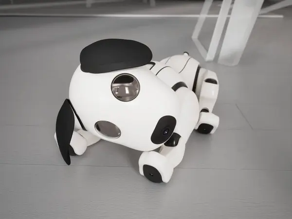 Image Captures State Art Robotic Dog Sleek White Finish Poised — Stock Photo, Image