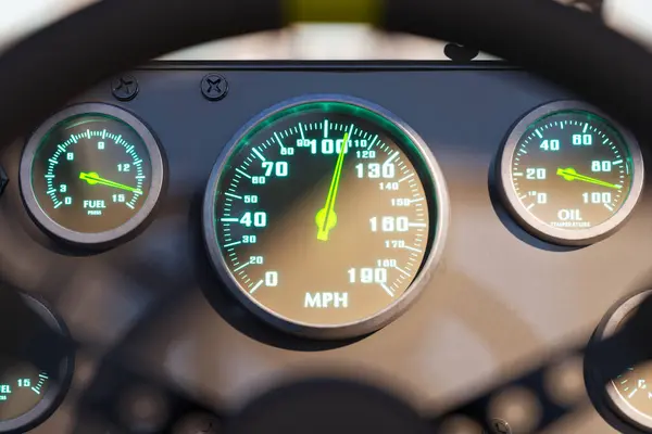 Close Race Car Black Dashboard Analog Gauge Moving Speedometer Pointer — Stock Photo, Image