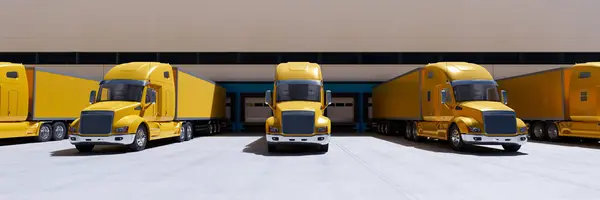 Yellow trucks with semi-trailers standing in a row in front of a warehouse. Heavy load cargo transport from business commercial sites. The efficient and seamless transportation and logistics industry