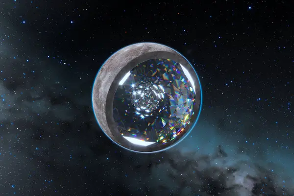 半分に切断されている惑星は 内部に素晴らしいダイヤモンドを明らかにします 惑星を処方する 科学が未知のものと出会う宇宙の宝石の超現実的な世界 Bpm 37093について ホワイト ドワーフ スター — ストック写真