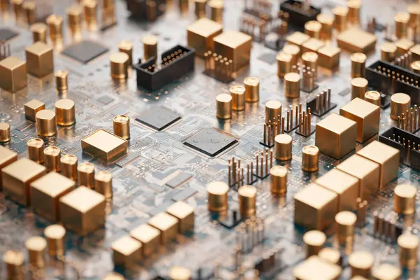 Das Rendering Zeigt Ein Motherboard Mit Goldelementen Und Erweiterten Konnektivitätsoptionen — Stockfoto