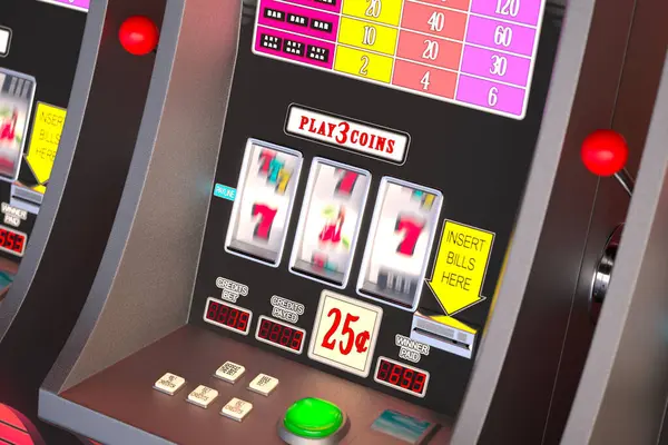 Oyun sırasında kumarhane retro slot makinesinin resmi. Şansını dene ve büyük ikramiyeyi kazanma şansını değerlendir. Las Vegas renkli, neon kumar temalı. Kazanmak, kaybetmek, risk, şans
