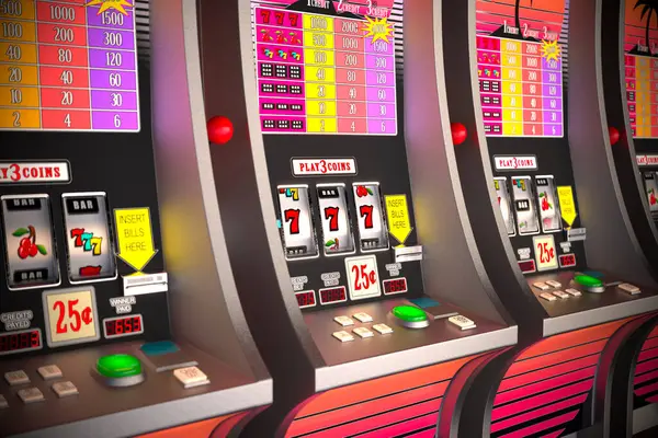 stock image A picture of a casino retro slot machines standing in a row during gameplay. A lucky player hits the jackpot with a winning combination of three sevens. A big win. Risk, luck, entertainment.