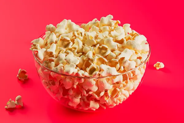Vykreslující Obraz Skleněné Mísy Naplněné Popcornem Zářivě Červeném Pozadí Popcorn — Stock fotografie