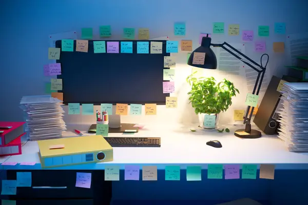 A busy evening in the home office. Piles of documents, post-it notes, binders. Concept of overwork. A vivid picture of a disordered and untidy work environment. Disorganization. An employee is absent