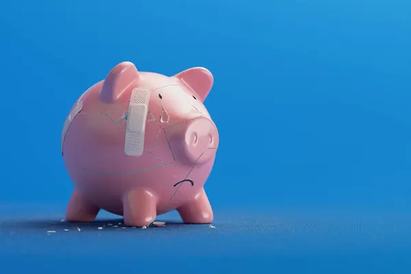 A piggy bank in a state of distress, with a band-aid carefully applied to it, tears streaming down its face. Smashed deposit. No savings inside. Symbolizing bankruptcy and economic crash. Poverty