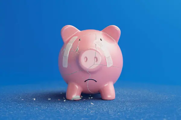 A piggy bank in a state of distress, with a band-aid carefully applied to it, tears streaming down its face. Smashed deposit. No savings inside. Symbolizing bankruptcy and economic crash. Poverty