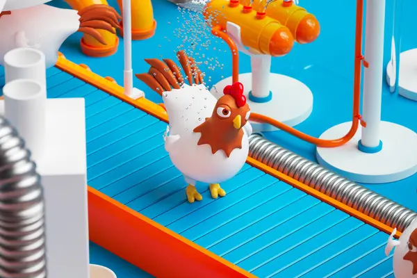 Cartoon Factory Machines Preparing Chickens Process Creating Fast Food Meals — Stock Photo, Image