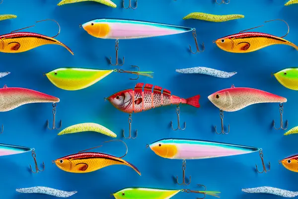 Row Assorted Colorful Fish Bites Set Multicolor Lures Fish Hooks — Stock Photo, Image