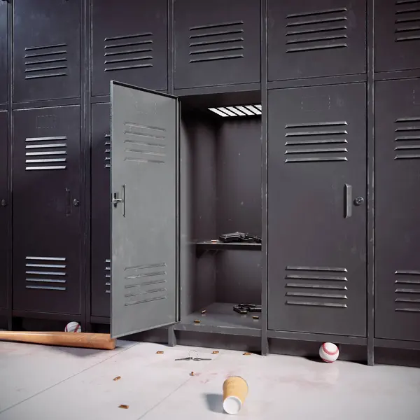 An opened school locker, where an unexpected item awaits - a loaded pistol. Symbolizing issues of safety and security in educational environments. The issue of access to weapons in schools
